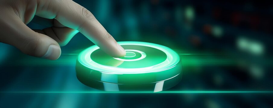 Finger pressing a green power button.