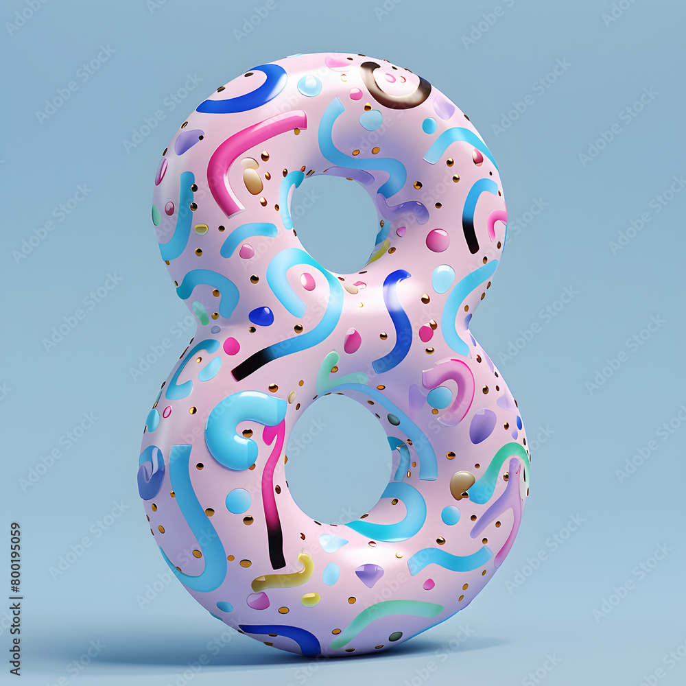 Aufkleber a colorful, abstract number 8 made of glitter and beads. the number is surrounded by a blue and pink