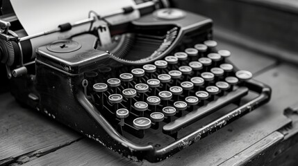 Vintage black and white typewriter on rustic wooden table with blurred background - Powered by Adobe