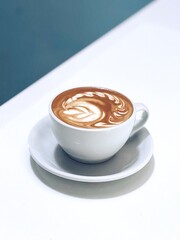 cup of latte coffee served in a white cup on the white table