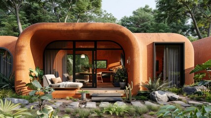 A 3D rendering of a modern house with a curved orange exterior, surrounded by lush greenery.