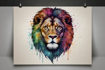 high quality, logo style, Watercolor, powerful colorful lion face logo facing forward, monochrome background, by Yukisakura, awesome full color Ai generated
