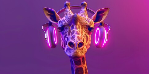 Curious giraffe wearing holographic headphones. 3D illustration blending neo-pop and gadgetpunk elements.