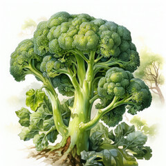 Watercolor Broccoli Illustration, Generative Ai