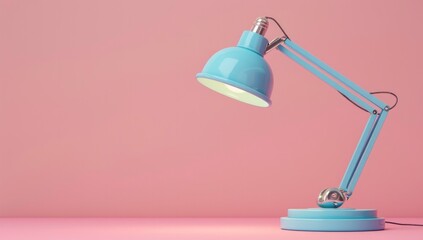A cute blue desk lamp on the table, with a pink background