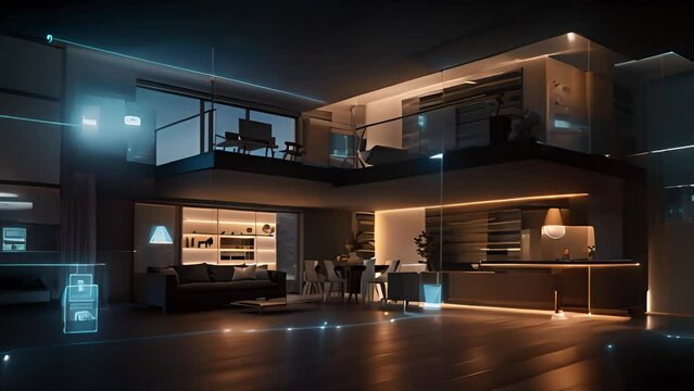 Home Office Efficiency: dark-themed interior with digital icons for productivity
