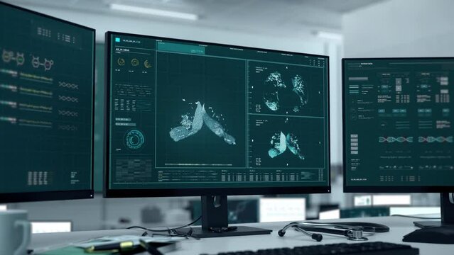 Lung examination technology searches for virus traces in the organ. Examination system identifies the dangerous virus in the lungs. Examination program finds the Covid-19 Pneumonia virus in the lungs.