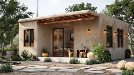 A beautiful home exterior made of rammed earth with a modern design