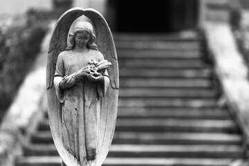 Spiritual angel serving God as a guardian of human beings. Black and white image. Copy space for text or design.