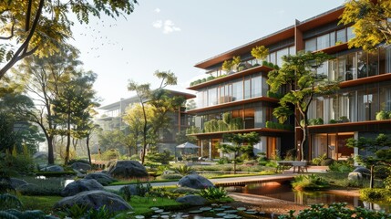 Obraz premium A beautiful house with a garden and a pond.