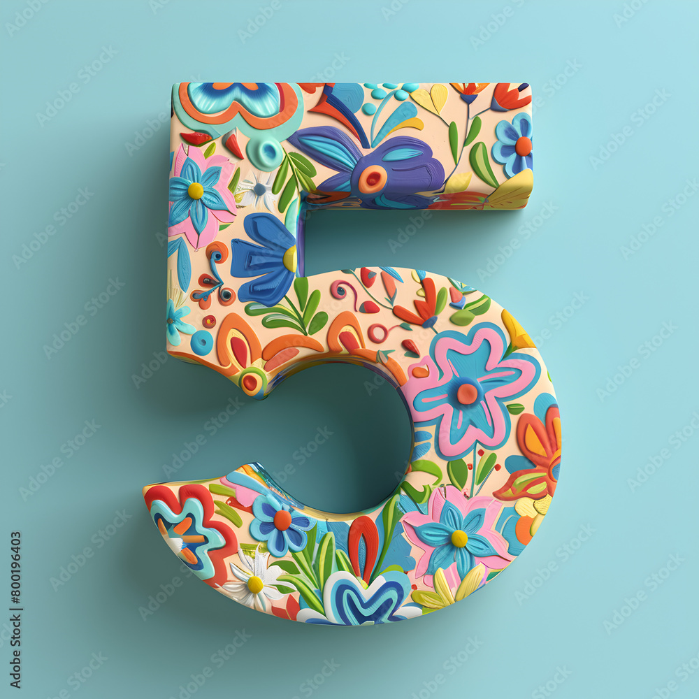 Poster the number 5 is made up of flowers and leaves. it is a colorful and whimsical design. generative ai