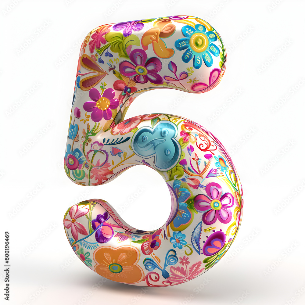 Poster a colorful flowery number 5. the number is made of different colored flowers and butterflies. the fl
