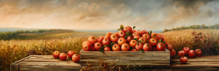 An artistic interpretation of a bountiful apple harvest with deep red apples in a rustic crate and an expansive field backdrop