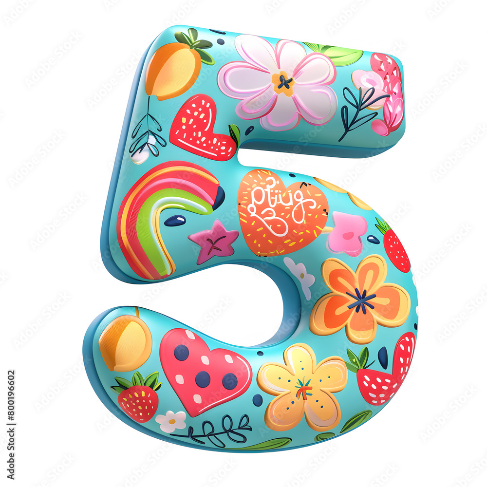 Poster the number 5 is made of various fruits and flowers. it is a colorful and playful design. the idea be