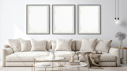 Fototapeta premium Three blank white posters in the room above the sofa 