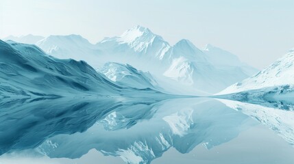 A beautiful winter landscape with snow-capped mountains and a frozen lake.