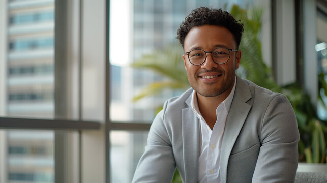 An office portrait of a handsome mixed-race man in a light grey suit and wearing nerdy glasses sitting close to a bright light window - Powered by Adobe