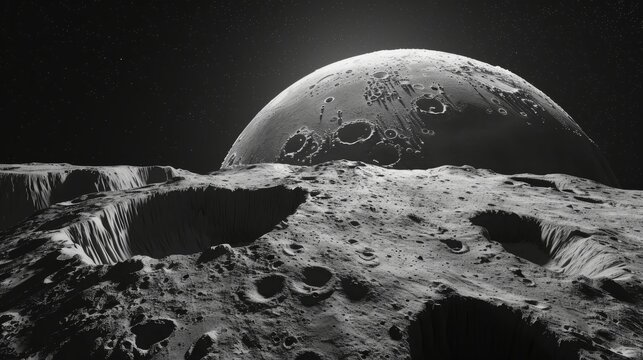 A black and white image of the moon's surface with craters and the moon in the background.