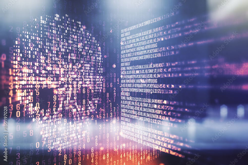 Poster double exposure of abstract virtual creative code skull hologram on modern business center exterior 