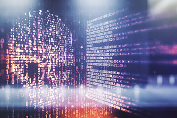 Double exposure of abstract virtual creative code skull hologram on modern business center exterior background. Malware and cyber crime concept