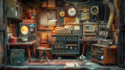 A cluttered retrofuturistic workshop filled with strange vintage electronic devices and gadgets.