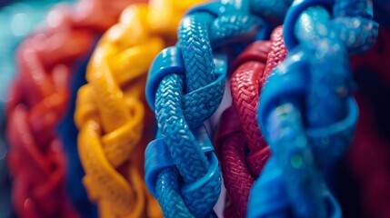 A close-up of colorful braided ropes.