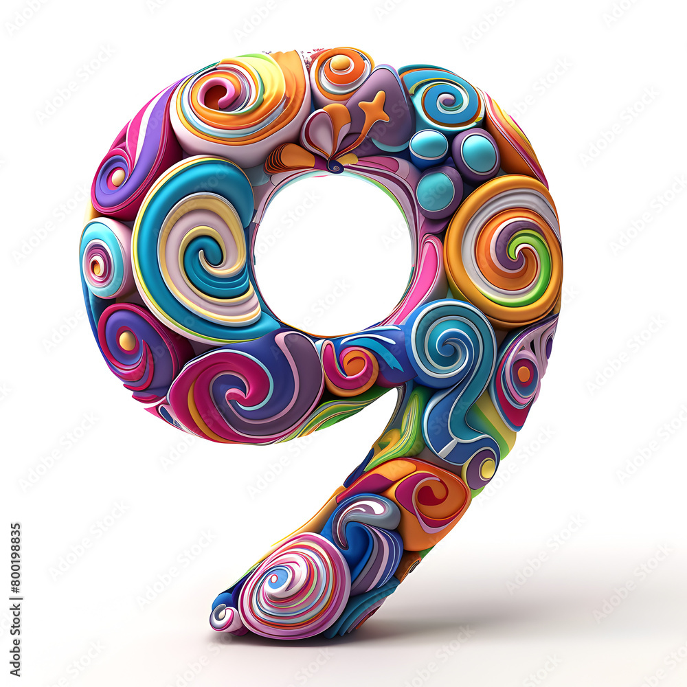 Aufkleber the number nine is a colorful and whimsical design. it is made up of various shapes and patterns, gi