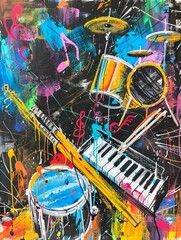 Vibrant MusicThemed Piano Keys Treble Clefs and Drumsticks on a Chalkboard Backdrop