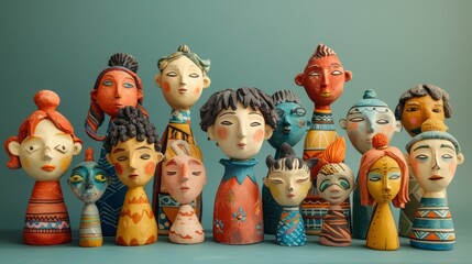 A collection of colorful ceramic sculptures of human heads with various facial expressions.