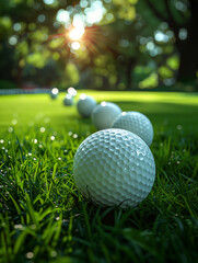 An array of white golf balls scattered across a well-manicured golf course