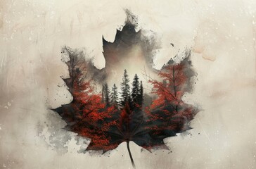 A maple leaf with trees inside, double exposure