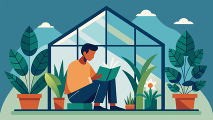 A man peacefully reading a book in his indoor greenhouse enjoying the serene and tranquil atmosphere of his plantfilled oasis..