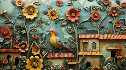 A colorful mural of a bird and flowers made of clay tiles.