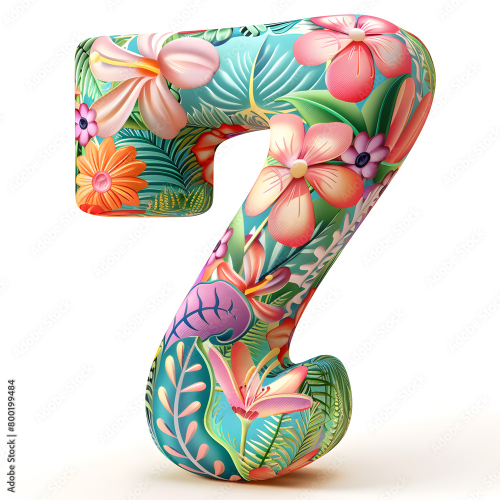 Aufkleber a colorful flowery number 7. the number is surrounded by a green and pink background. the flowers ar