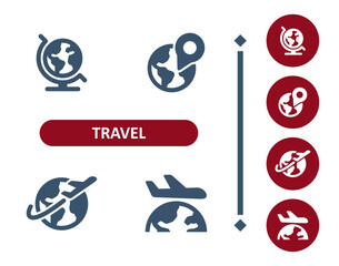 Travel icons. Tourism, globe, earth, destination, location, plane, flying, around the world icon