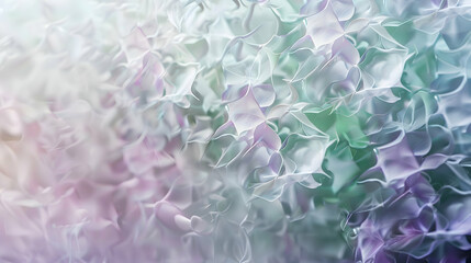 A delicate pattern formed by interwoven geometric shapes in shades of pastel violet, seafoam green, and gentle rose, captured as if through a misted lens for a surreal effect.