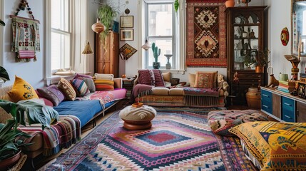 An eclectic bohemian living room with colorful rugs, layered textiles, and eclectic decor