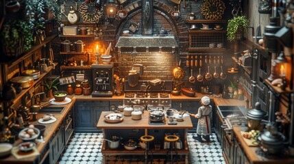 Naklejka premium A cozy kitchen with a large brick fireplace, wooden cabinets, and a big wooden table in the center. There is a chef in a white uniform cooking at the stove.