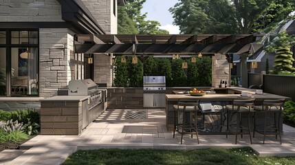 An outdoor kitchen with a built-in grill, bar seating, and a covered dining area