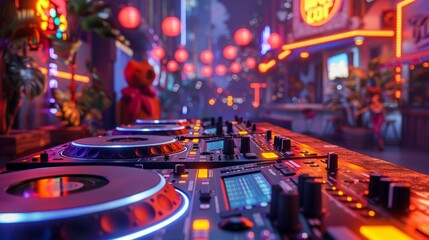 A dj turntable setup with a blurred background of a city at night.