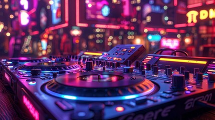 A dj turntable with a record on it. The background is blurred with a pink and blue light.