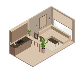 Vector isometric low poly minimalistic cozy living room and kitchen area with various furniture. Modern vector illustration.