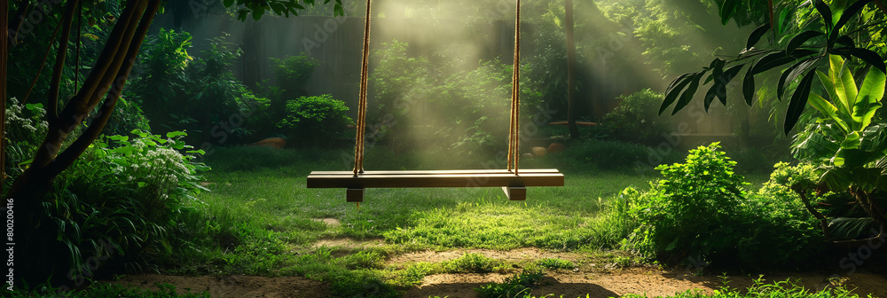 Poster a captivating image of a simple swing in a mystical forest setting, where light dances through the m