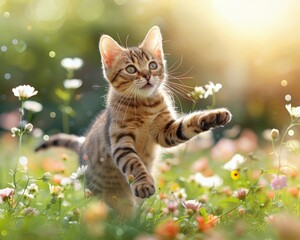 Fototapeta premium A cute gray striped kitten frolicking on a grassy lawn in springtime, surrounded by blooming flowers and greenery, Summer illustration on the theme of pets.