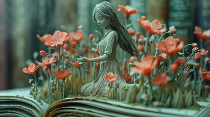 A girl kneels in a field of red flowers that are growing out of an open book.