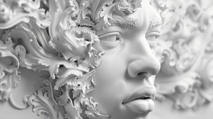 Fototapeta premium A grayscale image of a woman's face with ornate leaves growing out of her head.