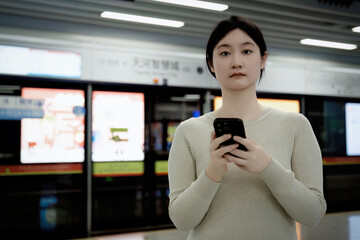 Young Woman Navigating Through Subway Station with Smartphone