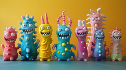 A group of colorful and strange creatures with big smiles on their faces.
