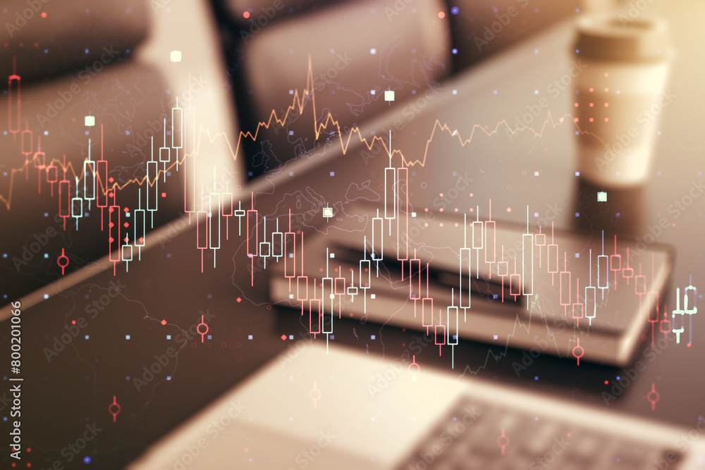 Poster multi exposure of abstract creative financial chart on computer background, research and analytics c