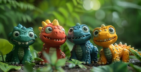 A group of colorful plastic toy dinosaurs in the jungle